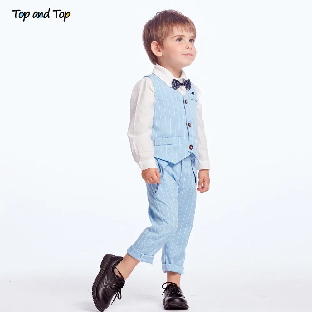 Top and Top Spring&Autumn Baby Boy Gentleman Suit White Shirt with Bow Tie+Striped Vest+Trousers 3Pcs Formal Kids Clothes Set - PratSN
