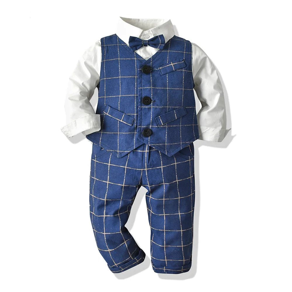 Top and Top Spring&Autumn Baby Boy Gentleman Suit White Shirt with Bow Tie+Striped Vest+Trousers 3Pcs Formal Kids Clothes Set - PratSN