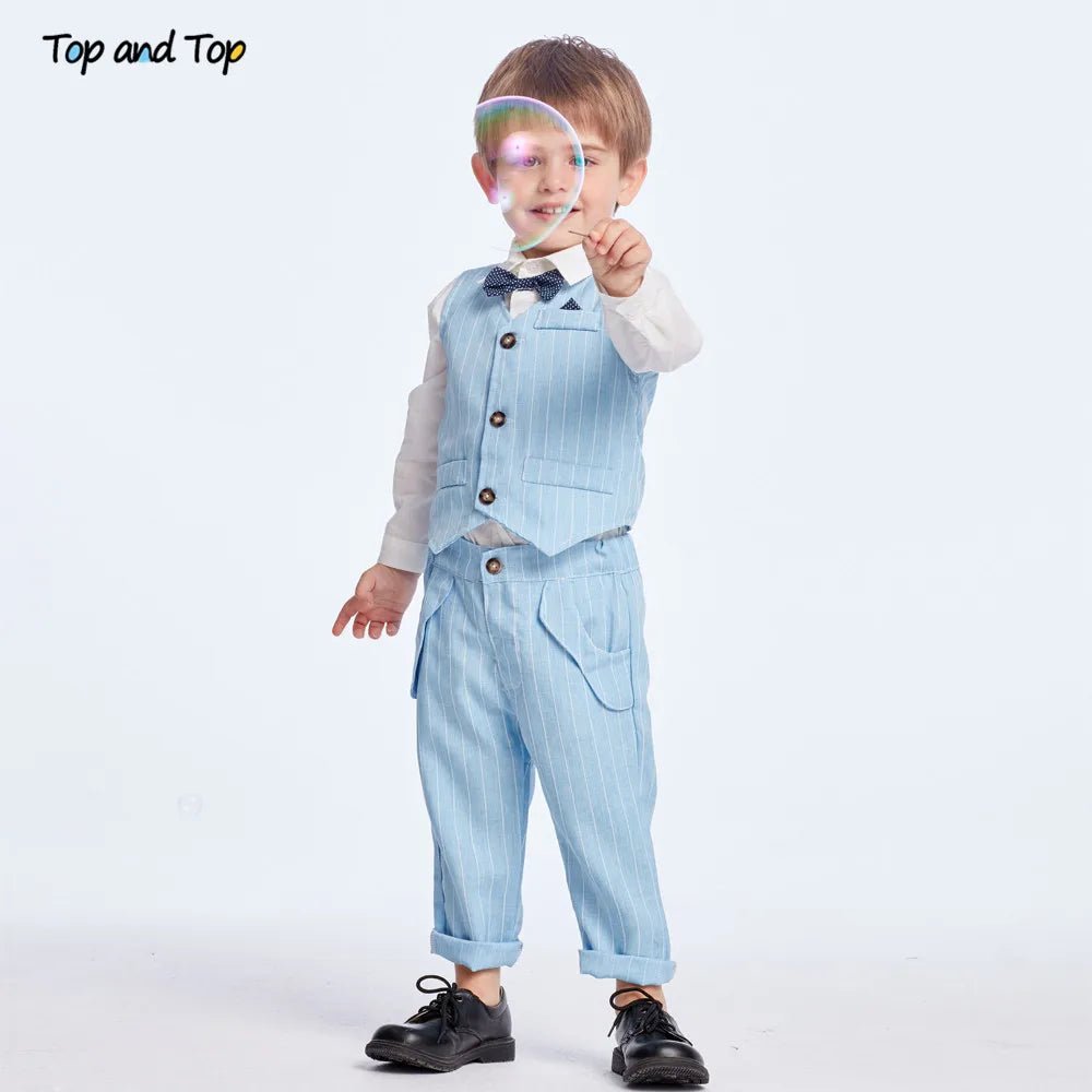 Top and Top Spring&Autumn Baby Boy Gentleman Suit White Shirt with Bow Tie+Striped Vest+Trousers 3Pcs Formal Kids Clothes Set - PratSN