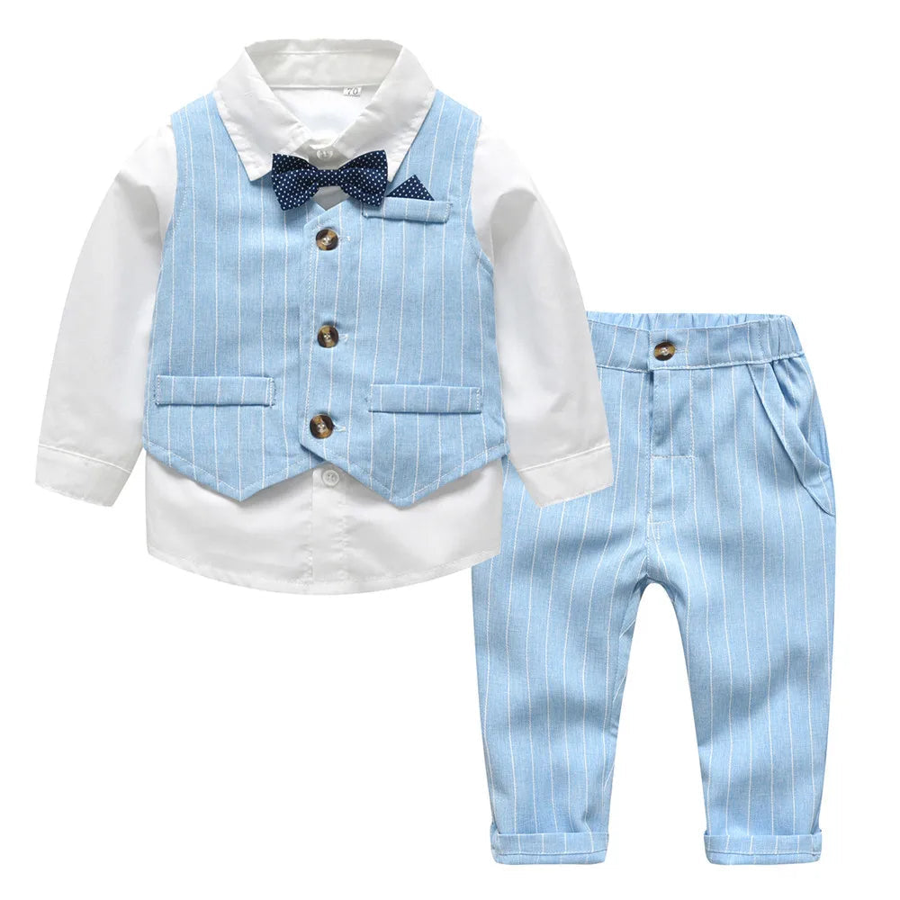 Top and Top Spring&Autumn Baby Boy Gentleman Suit White Shirt with Bow Tie+Striped Vest+Trousers 3Pcs Formal Kids Clothes Set - PratSN