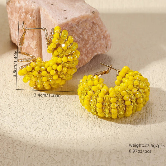 Trendy Chunky Colorful Crystal Beads Hoop Earrings for Women Exquisite Shiny Geometric Drop Earrings Bohemain Summer Jewelry - PratSN