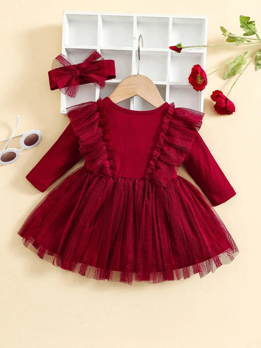 Two - Piece Baby Girl Romantic Small Flying Sleeve Long Sleeve Ruffled Mesh Dress + Bow Headscarf Spring And Autumn - PratSN