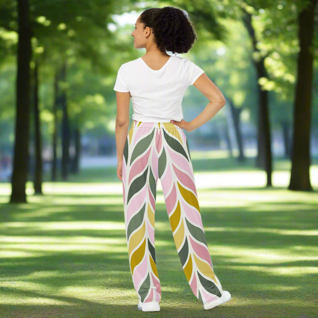 Unisex all - over print unisex wide - leg pants, Leg pant with geometric pattern, Pink - green - yellow color wide - leg pant, Comfortable wide - leg pants - PratSN