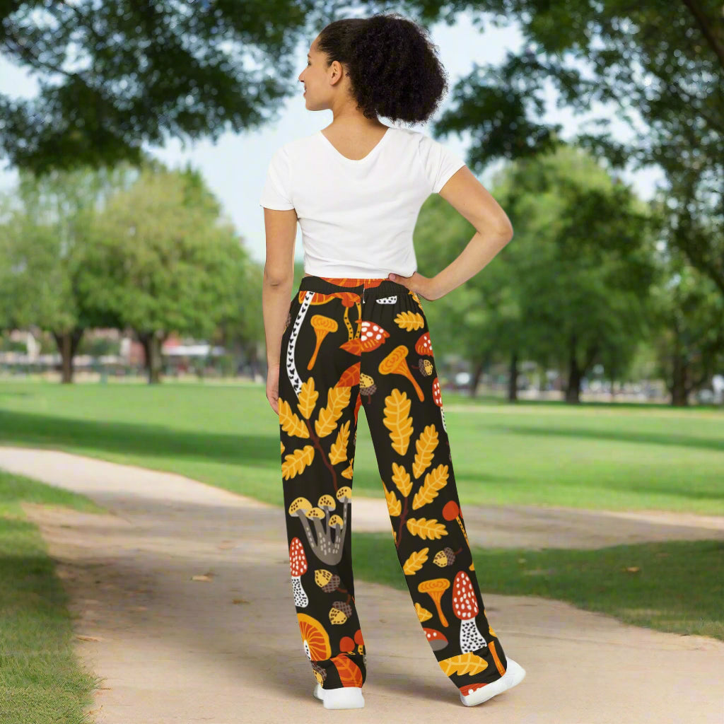 Unisex all - over print unisex wide - leg pants, Leg pant with leaf and mushroom print, Multicolor color wide - leg pant, Comfortable wide - leg pants - PratSN
