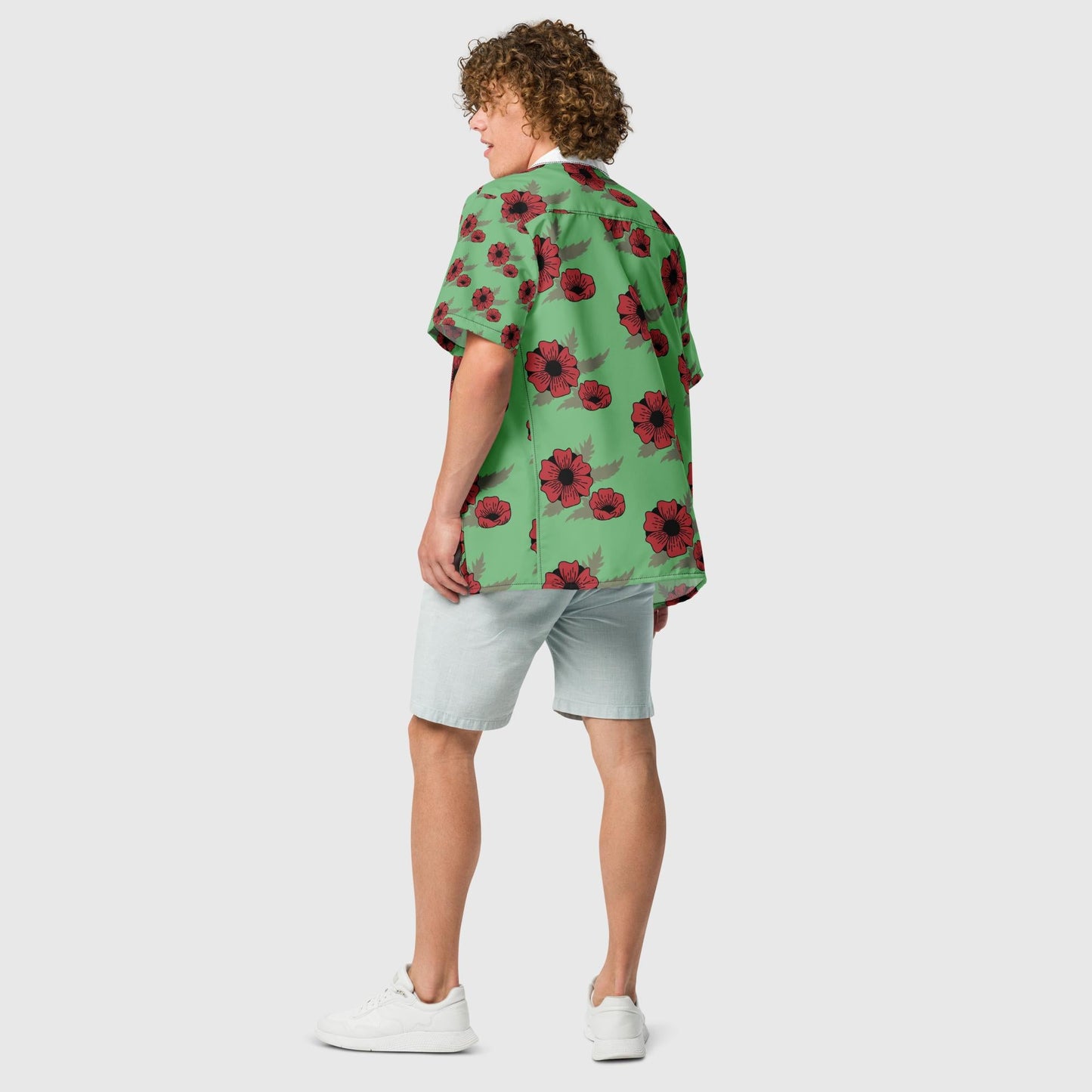 Unisex button shirt, Blooming Pattern, Red Poppies flower Button Shirt, Bay Leaf Color - PratSN