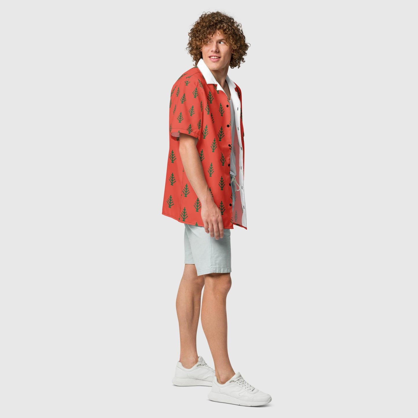 Unisex button shirt, Festive Pattern, Orange Red button Shirt, Summer and Spring Shirt - PratSN