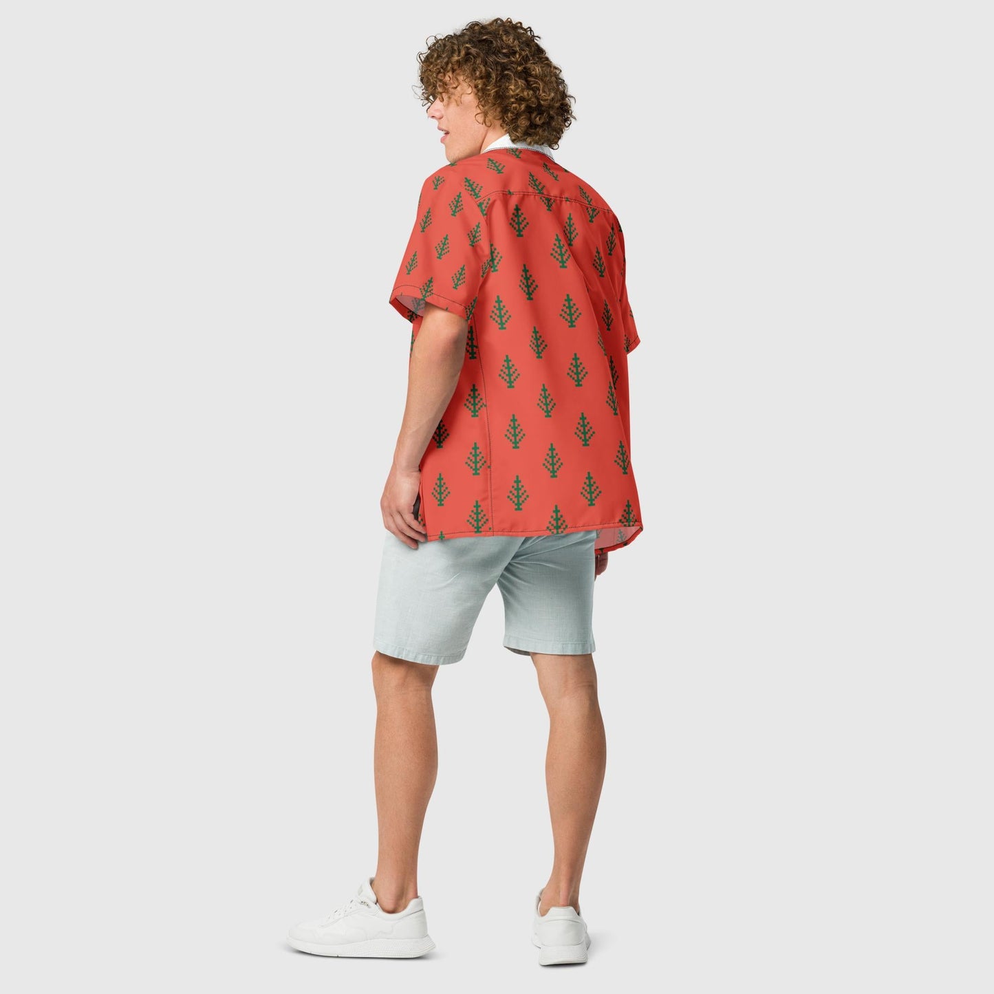 Unisex button shirt, Festive Pattern, Orange Red button Shirt, Summer and Spring Shirt - PratSN