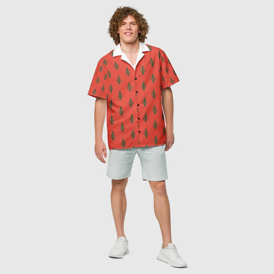 Unisex button shirt, Festive Pattern, Orange Red button Shirt, Summer and Spring Shirt - PratSN