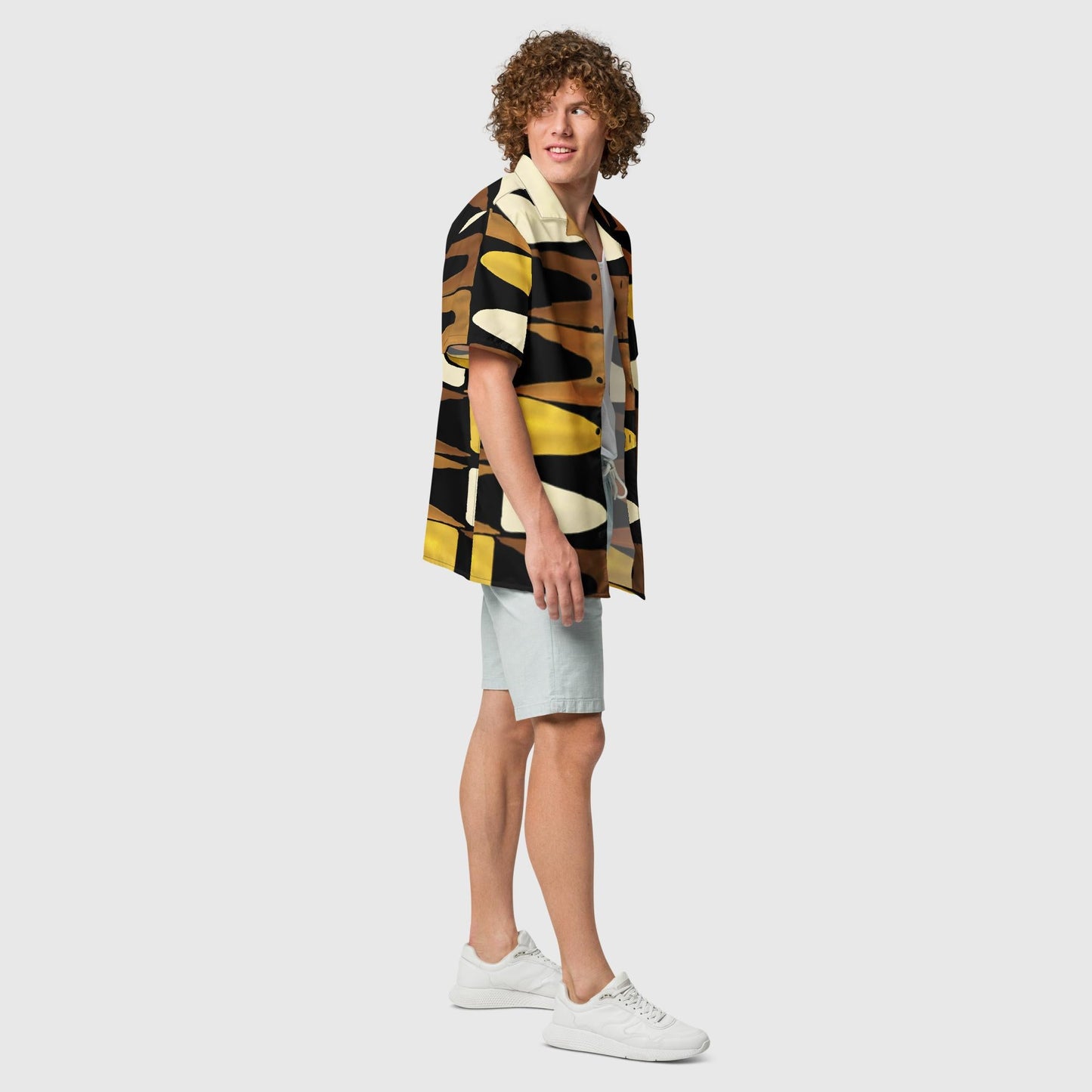 Unisex button shirt, Geometric Pattern, Black Yellow Brown Button Shirt, Summer and Spring Unsex button shirt - PratSN