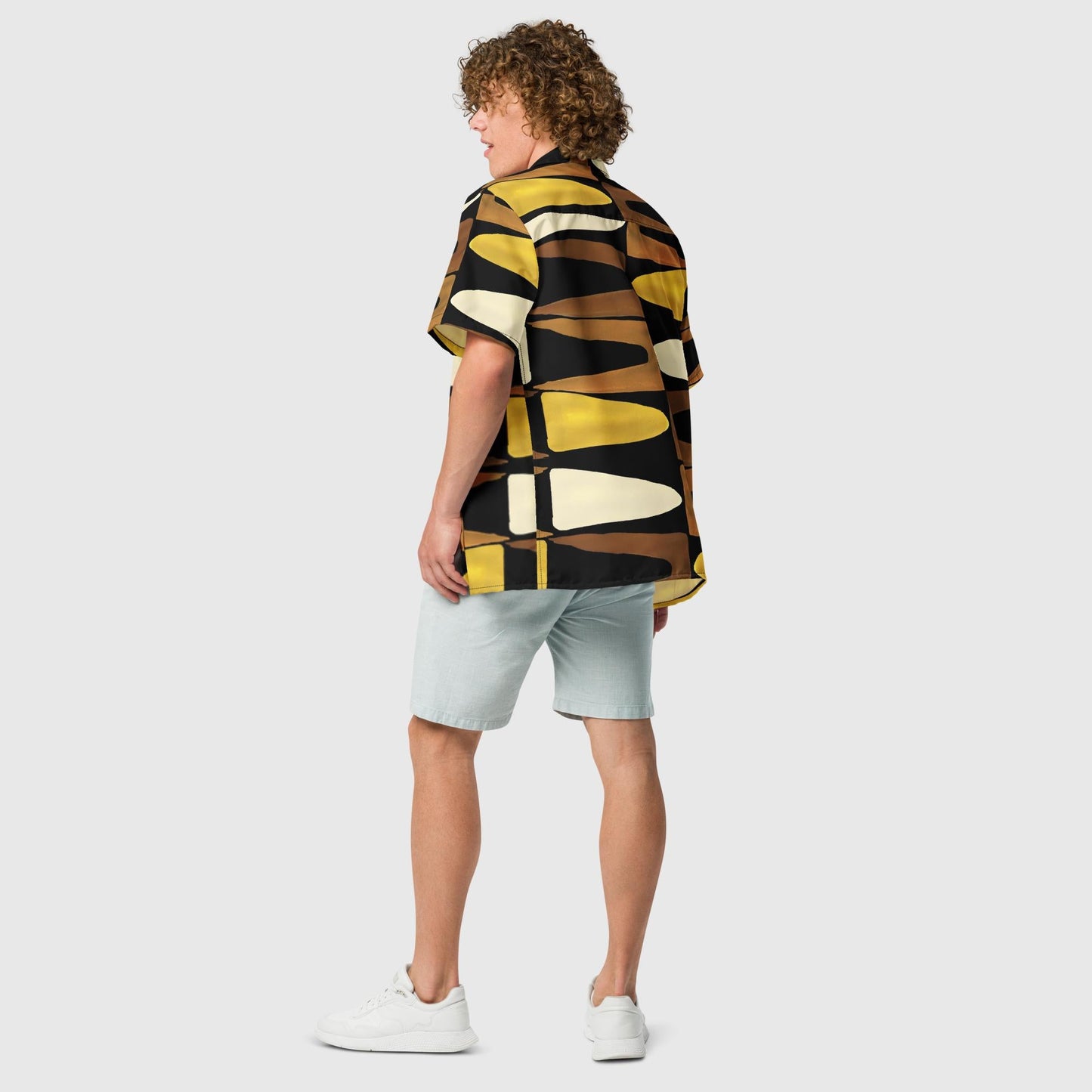 Unisex button shirt, Geometric Pattern, Black Yellow Brown Button Shirt, Summer and Spring Unsex button shirt - PratSN