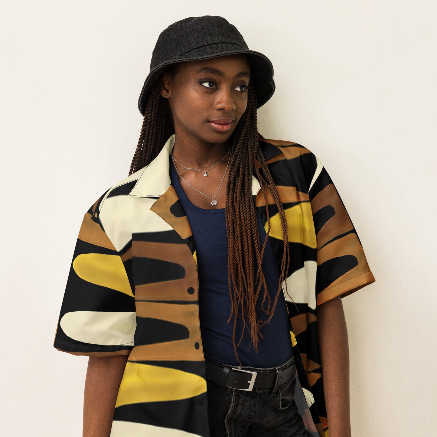 Unisex Button Shirt in Black Yellow Brown - Geometric Pattern - PratSN