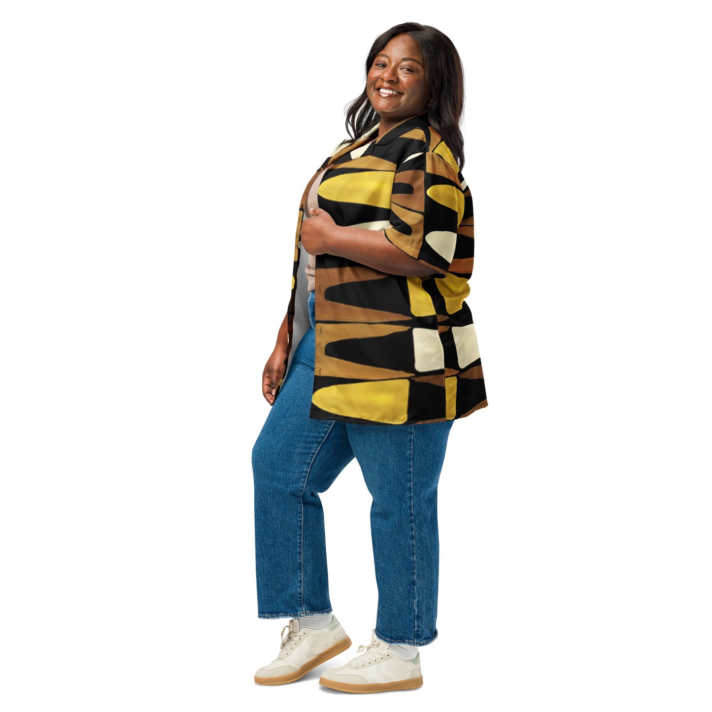 Unisex Button Shirt in Black Yellow Brown - Geometric Pattern - PratSN