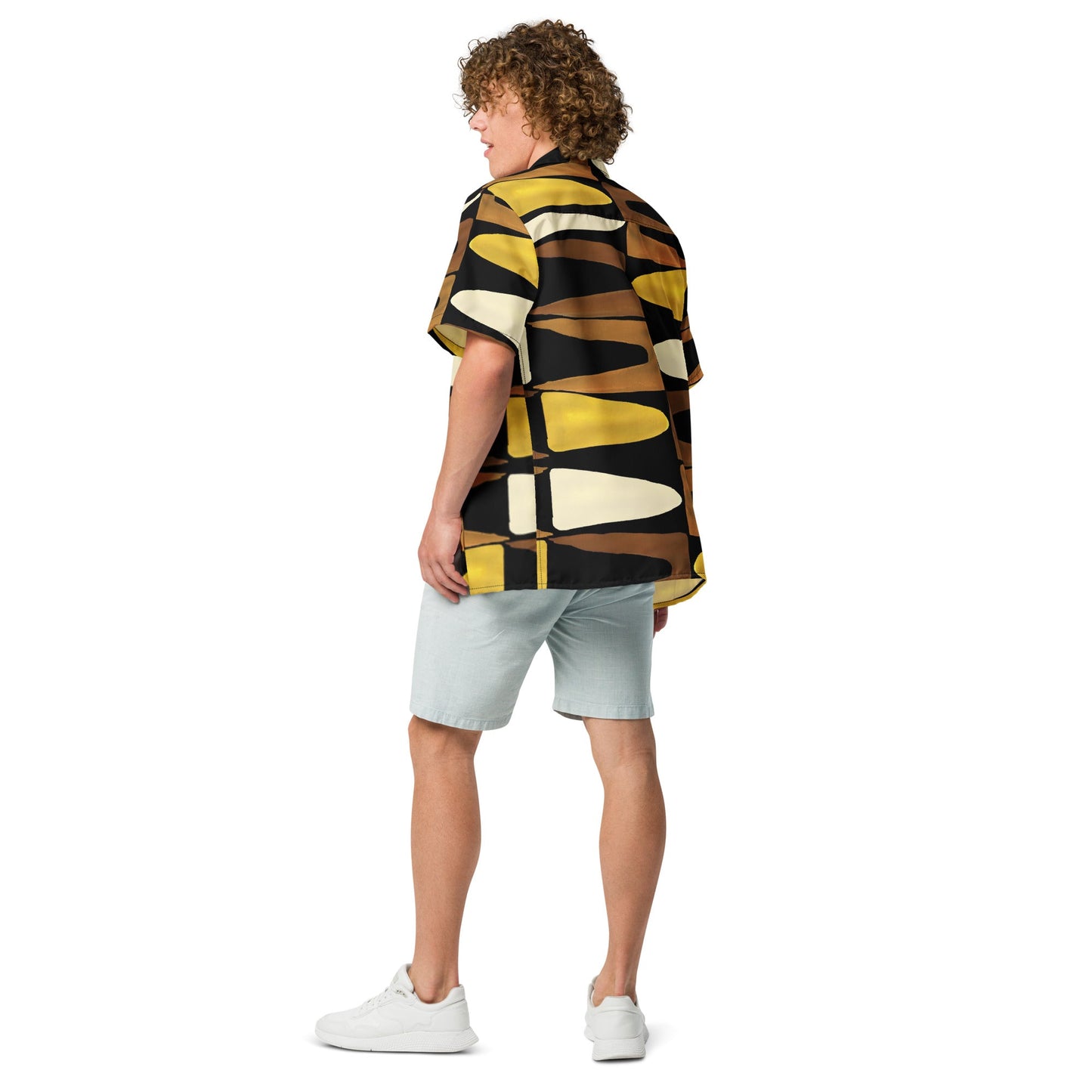 Unisex Button Shirt in Black Yellow Brown - Geometric Pattern - PratSN