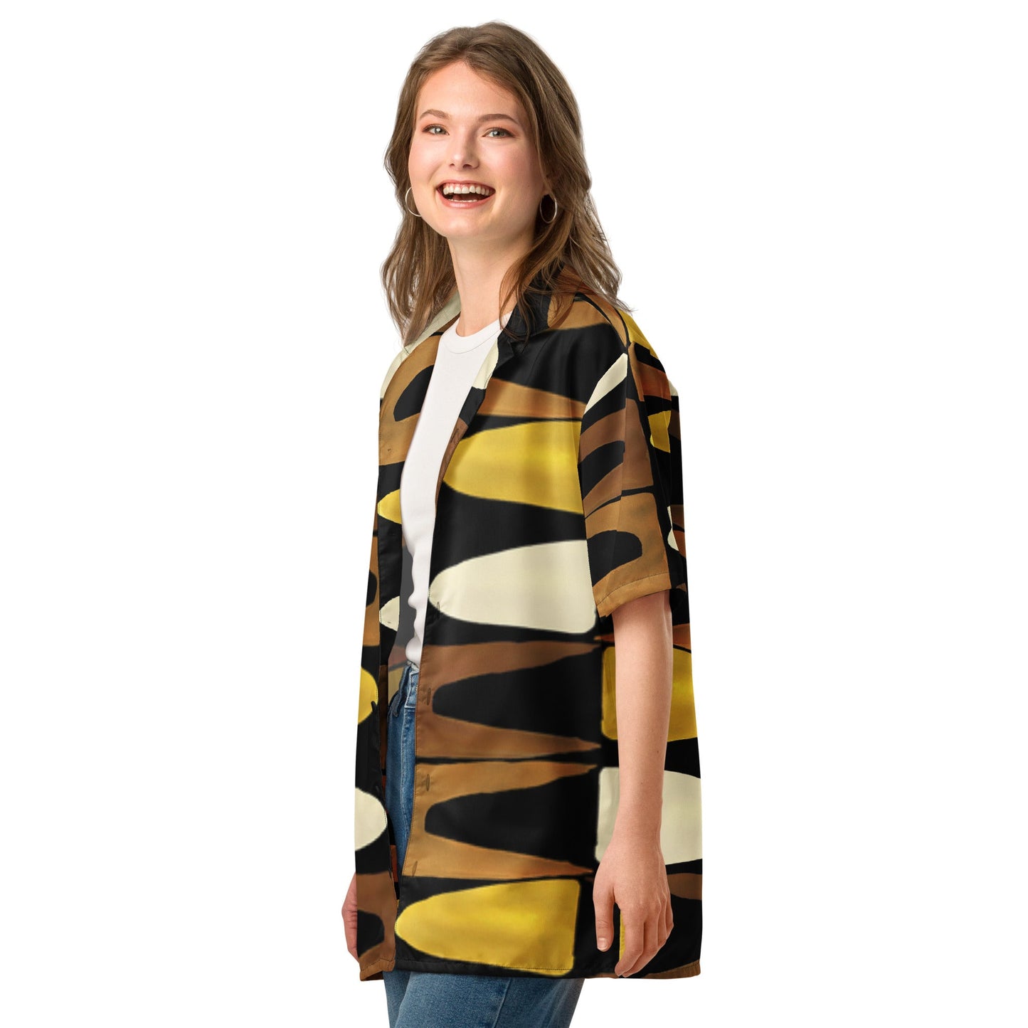 Unisex Button Shirt in Black Yellow Brown - Geometric Pattern - PratSN