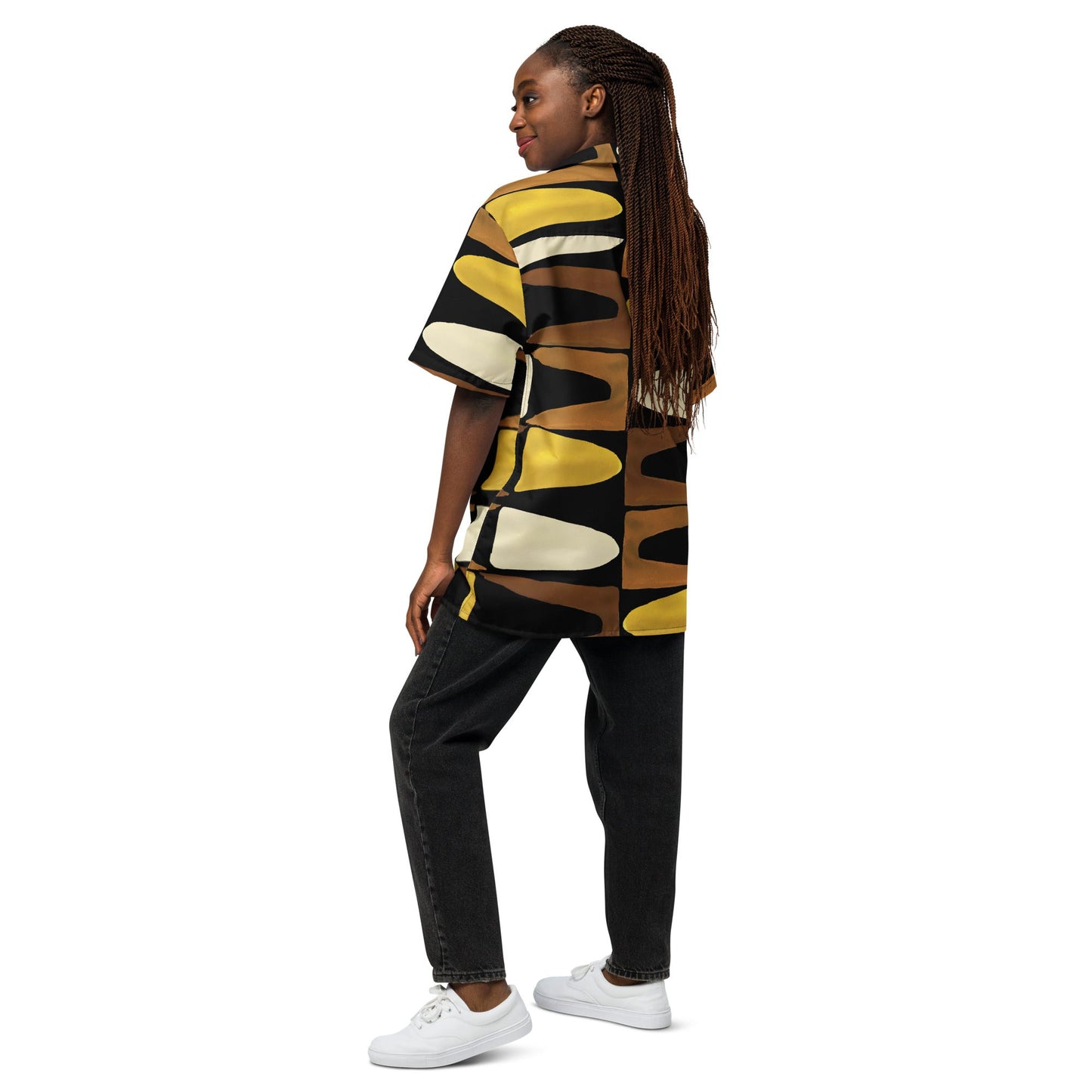 Unisex Button Shirt in Black Yellow Brown - Geometric Pattern - PratSN