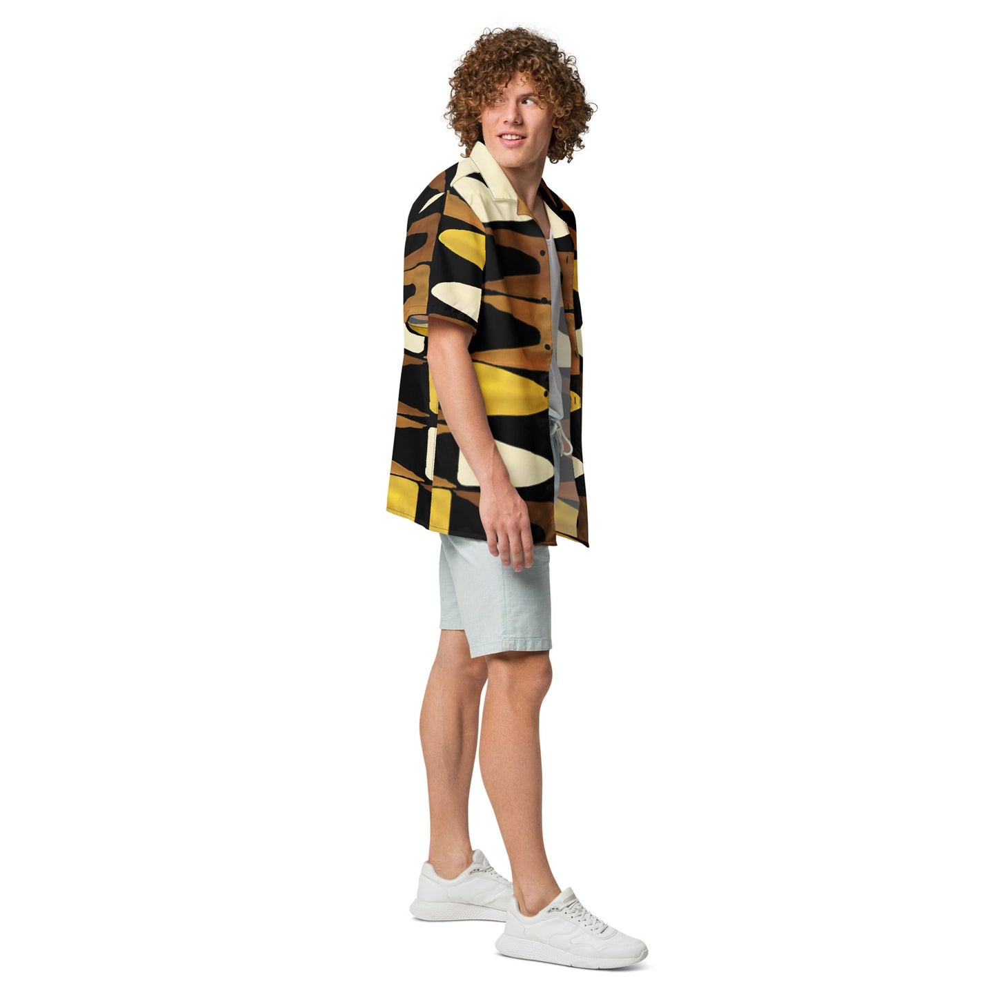 Unisex Button Shirt in Black Yellow Brown - Geometric Pattern - PratSN