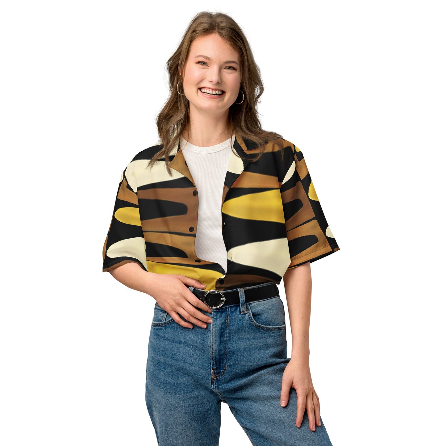 Unisex Button Shirt in Black Yellow Brown - Geometric Pattern - PratSN