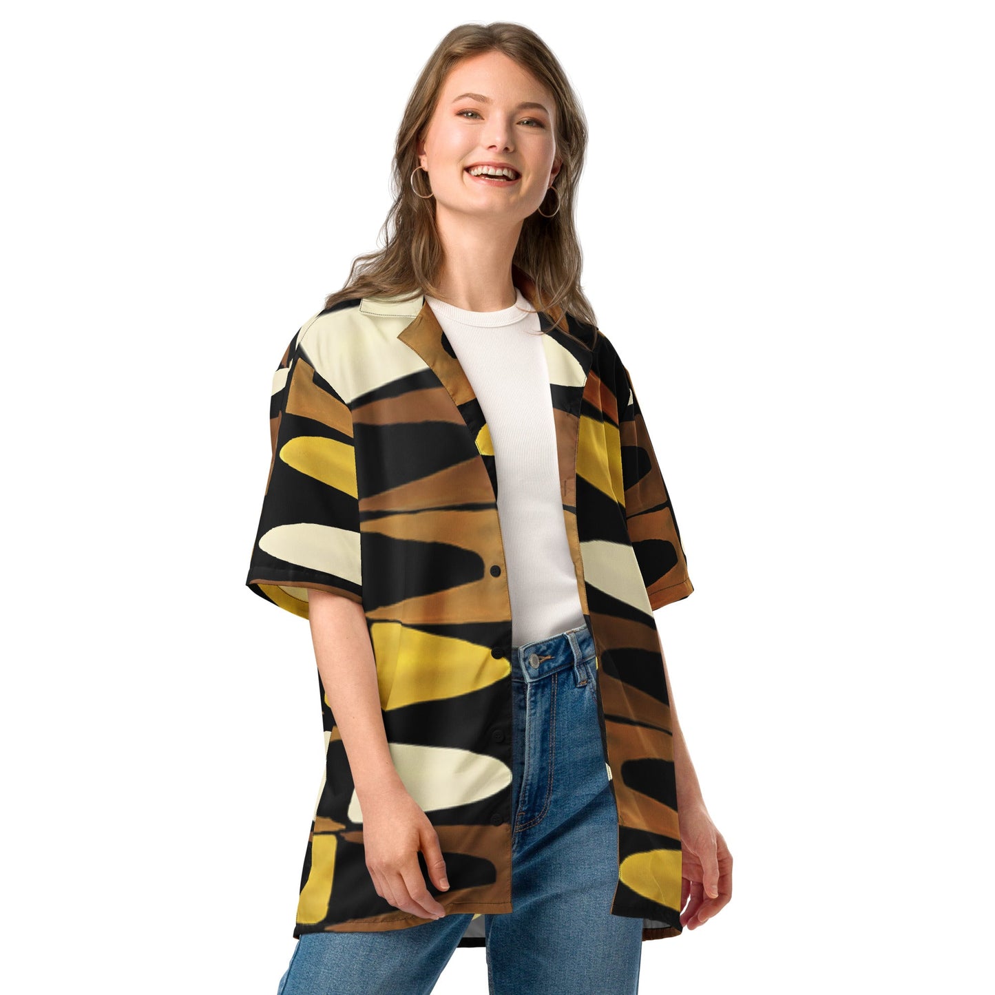 Unisex Button Shirt in Black Yellow Brown - Geometric Pattern - PratSN