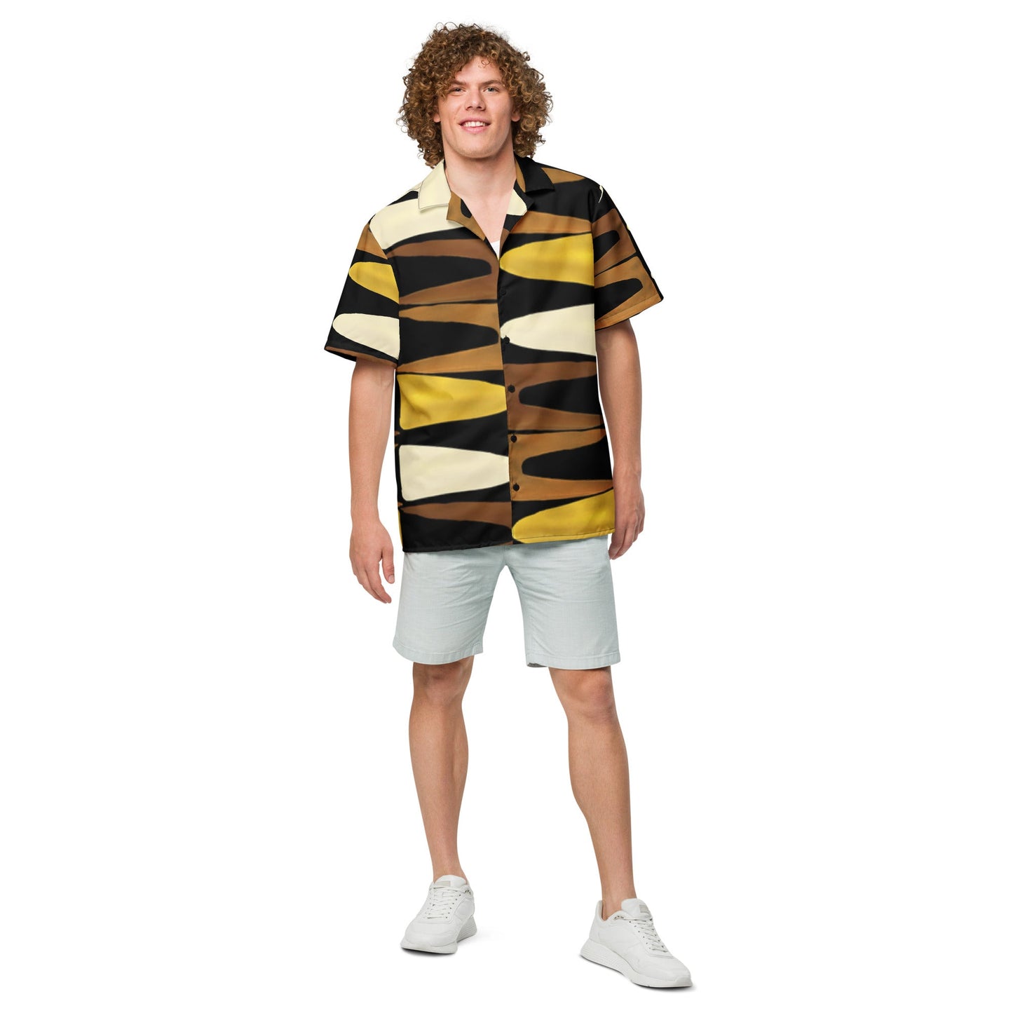 Unisex Button Shirt in Black Yellow Brown - Geometric Pattern - PratSN