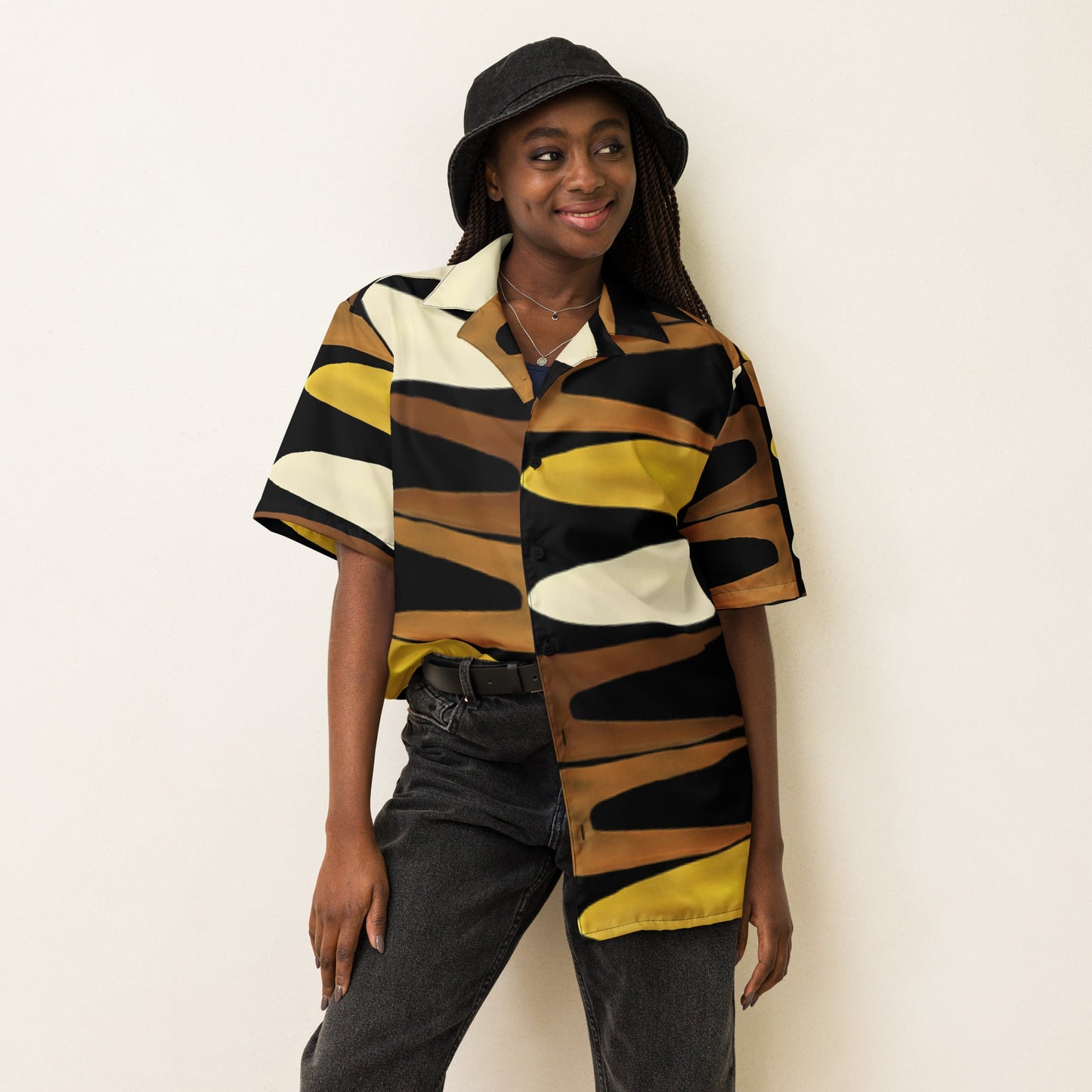 Unisex Button Shirt in Black Yellow Brown - Geometric Pattern - PratSN