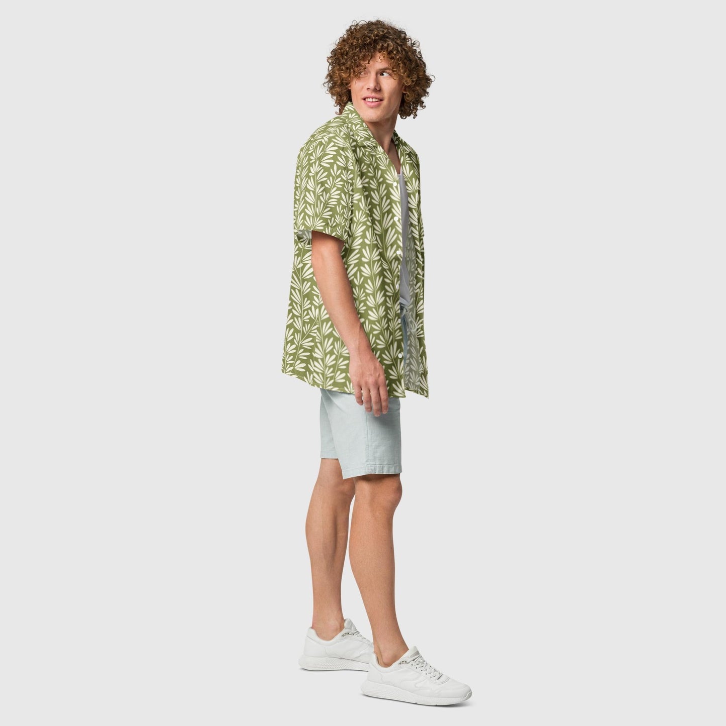 Unisex button shirt, light olive green color Button Shirt, Floral Summer Shirt, Unsex Beach Shirt, Casual Shirt, Short Sleeve button Down shirt - PratSN