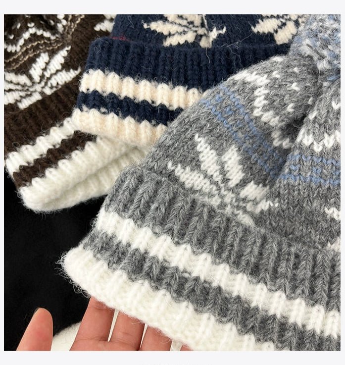 Unisex Couple Autumn and Winter Thick Warm Christmas Snowflake Stripes Sleeve Cap - PratSN