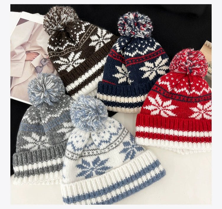 Unisex Couple Autumn and Winter Thick Warm Christmas Snowflake Stripes Sleeve Cap - PratSN