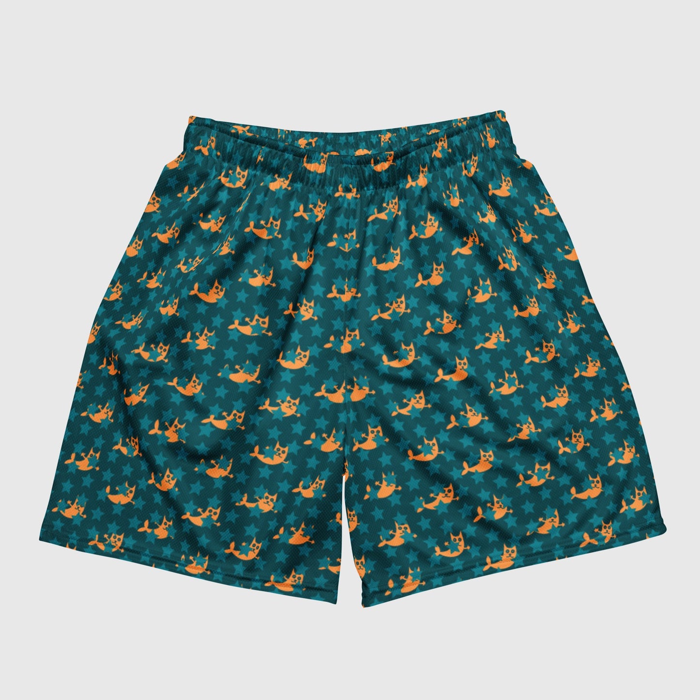 Unisex mesh shorts, Cat - Fish Monster Pattern and Sherpa Blue Color Shorts, Casual Summer Shorts, Basketball Shorts lightweight - PratSN