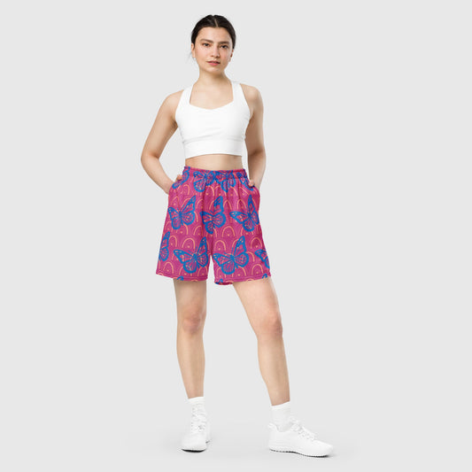 Unisex mesh shorts, Pink and blue Mesh shorts, Butterfly pattern, Workout Shorts, Gym Yoga shorts, Mesh shorts for Men, Mesh Shorts for women, Men's Athletic Shorts - PratSN