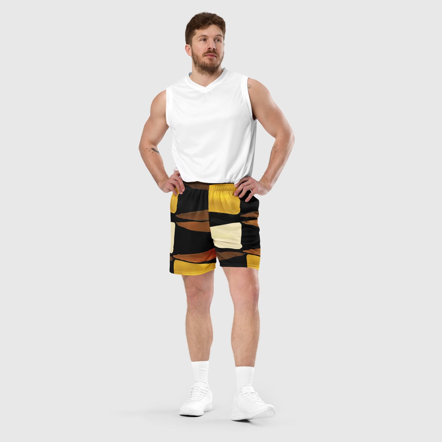 Unisex mesh shorts, Yellow - black - white Mesh shorts, Geometric pattern, Workout Shorts, Gym Yoga shorts, Mesh shorts for Men, Mesh Shorts for women, Men's Athletic Shorts - PratSN