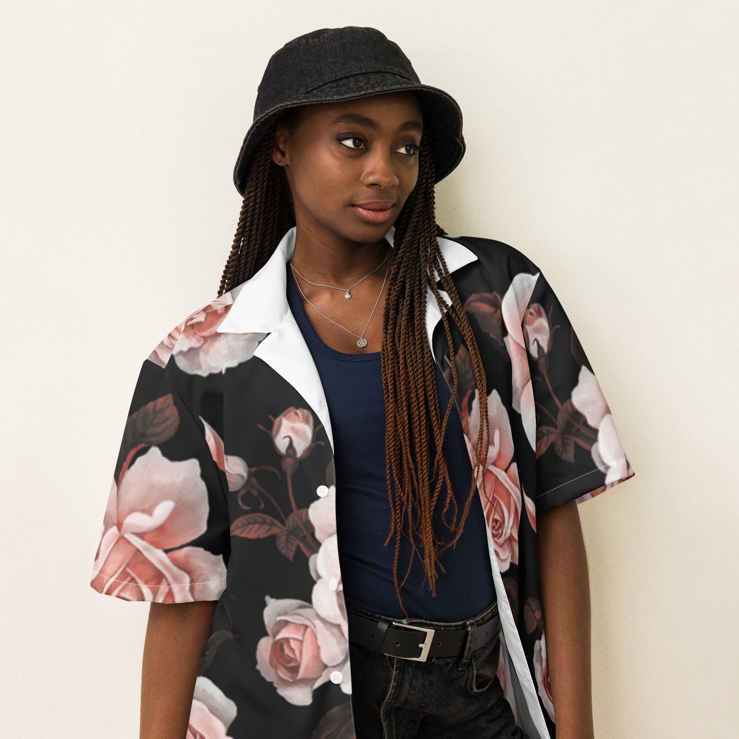 Unisex Shirt in pink Rose Black Floral pattern - Party Shirt - PratSN