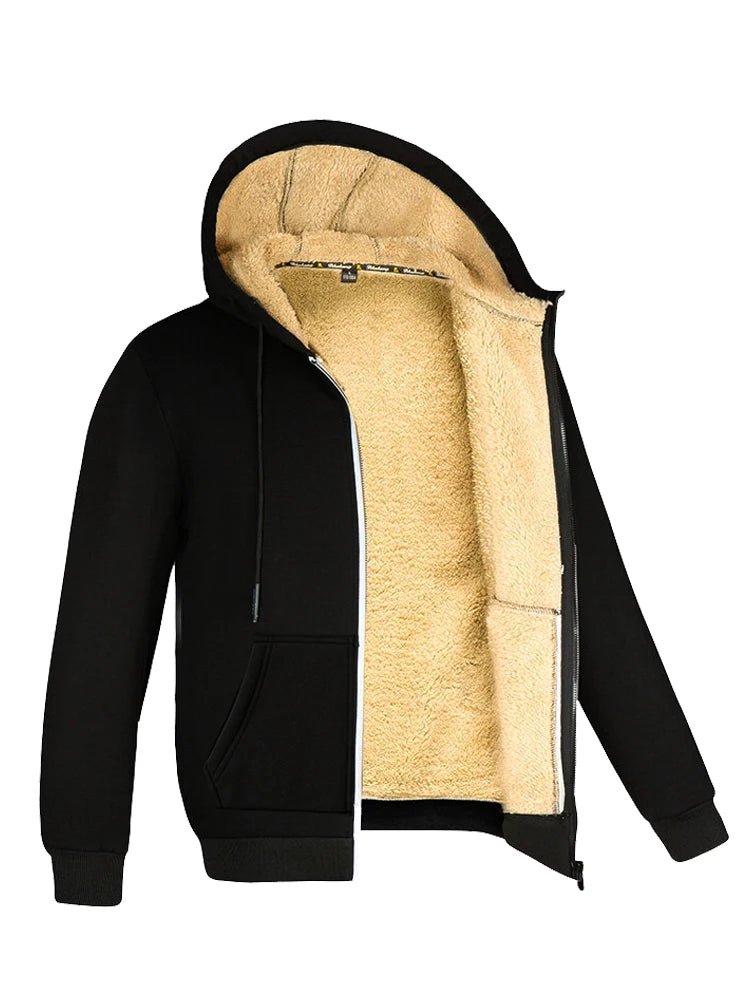 Unisex Winter Lambs wool Coats Thicken Warm Jackets Long Sleeve Zipper Hoodies Casual Sports Fleece Black Coat Hooded - PratSN