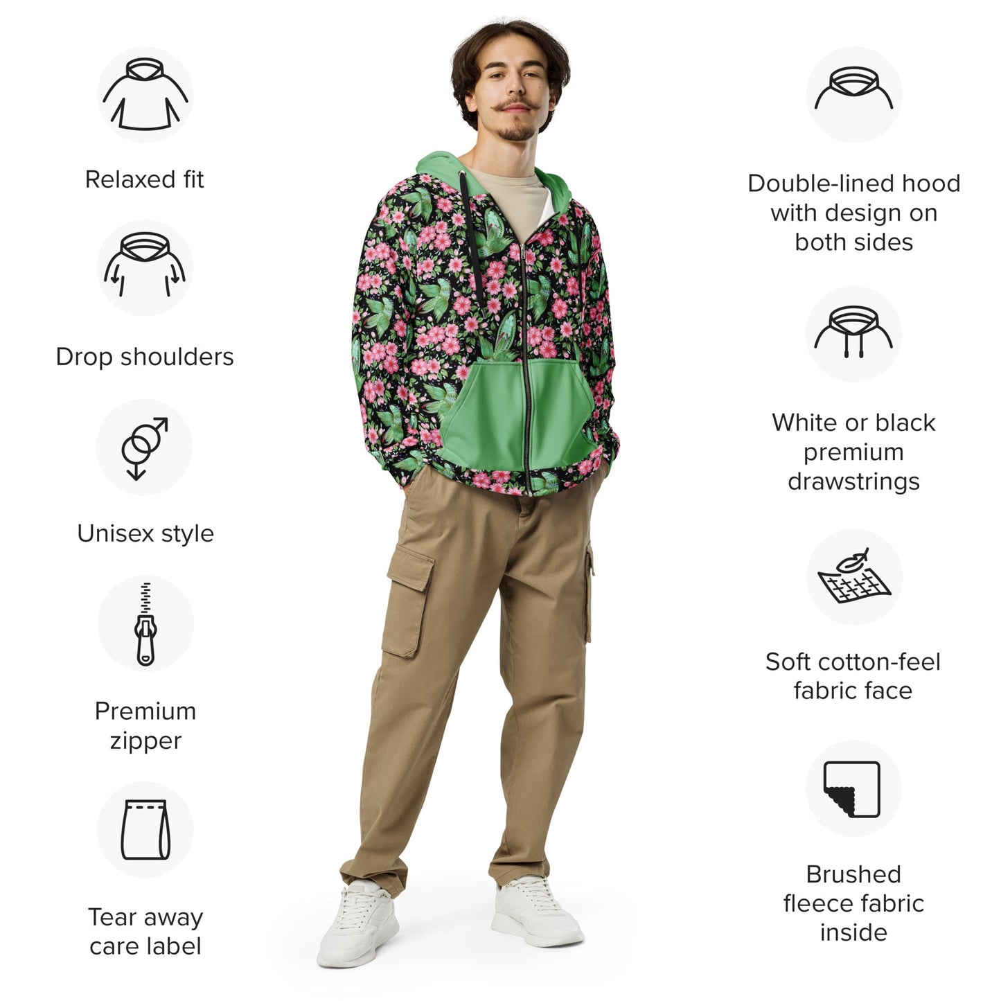 Unisex zip hoodie Botanical Print Hoodie - Gender Neutral Zip - Up - PratSN