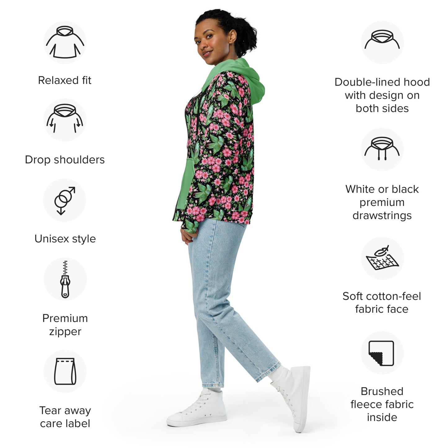 Unisex zip hoodie Botanical Print Hoodie - Gender Neutral Zip - Up - PratSN