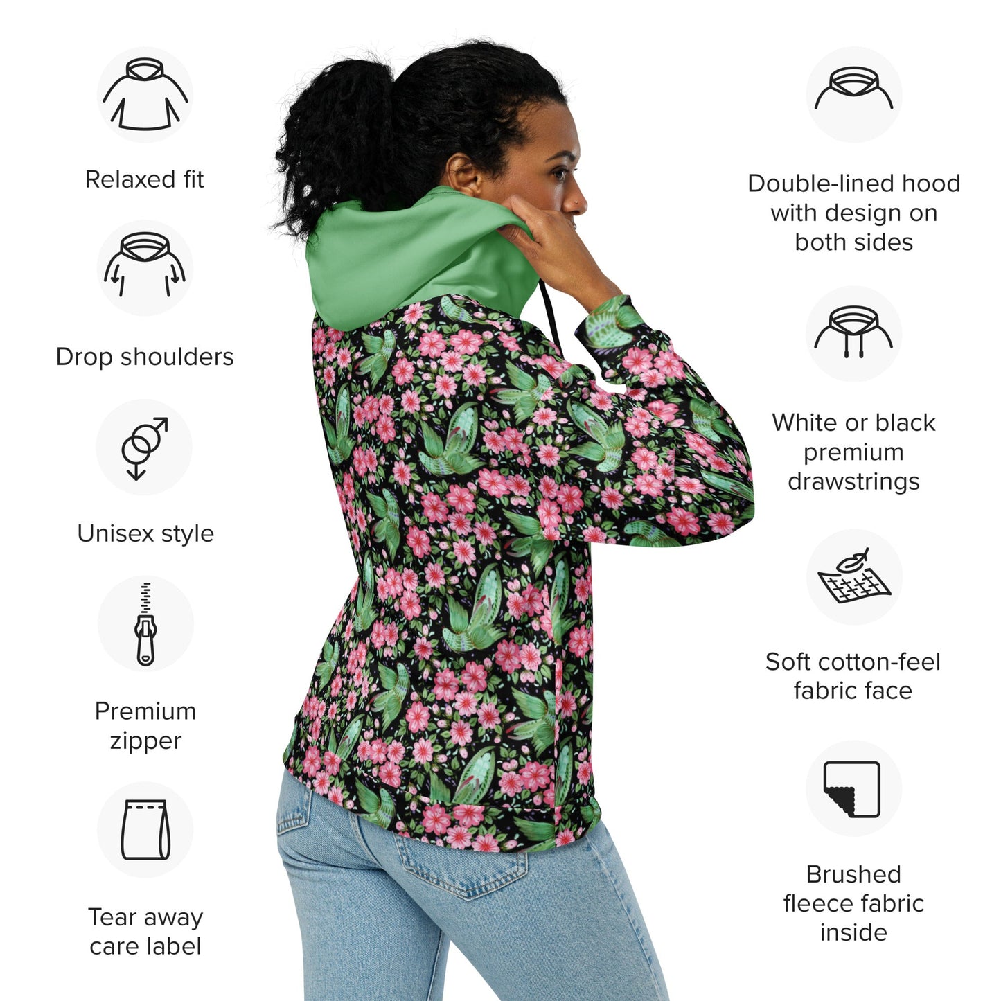 Unisex zip hoodie Botanical Print Hoodie - Gender Neutral Zip - Up - PratSN