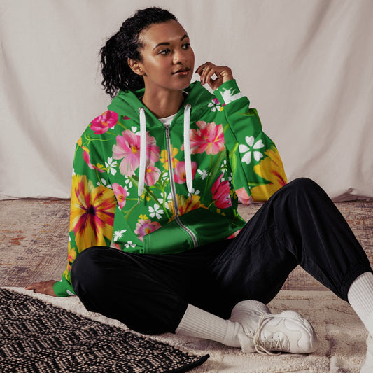 Unisex zip hoodie, Floral hoodie, Streetwear Festival Zipper Sweatshirt Women's Green pink Floral hoodie - PratSN