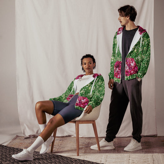 Unisex zip hoodie, Outfit Zipper Sweatshirt, Floral hoodie, Streetwear Women's Pink Ruby and Green Jacket Rhinestone Print( Not Real Sequins Design is printed onto fabric) - PratSN