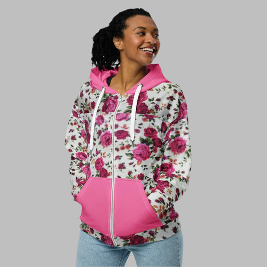 Unisex zip hoodie, Pink White Floral Hoodie, Festival Zipper Sweatshirt, Floral hoodie, Streetwear - PratSN