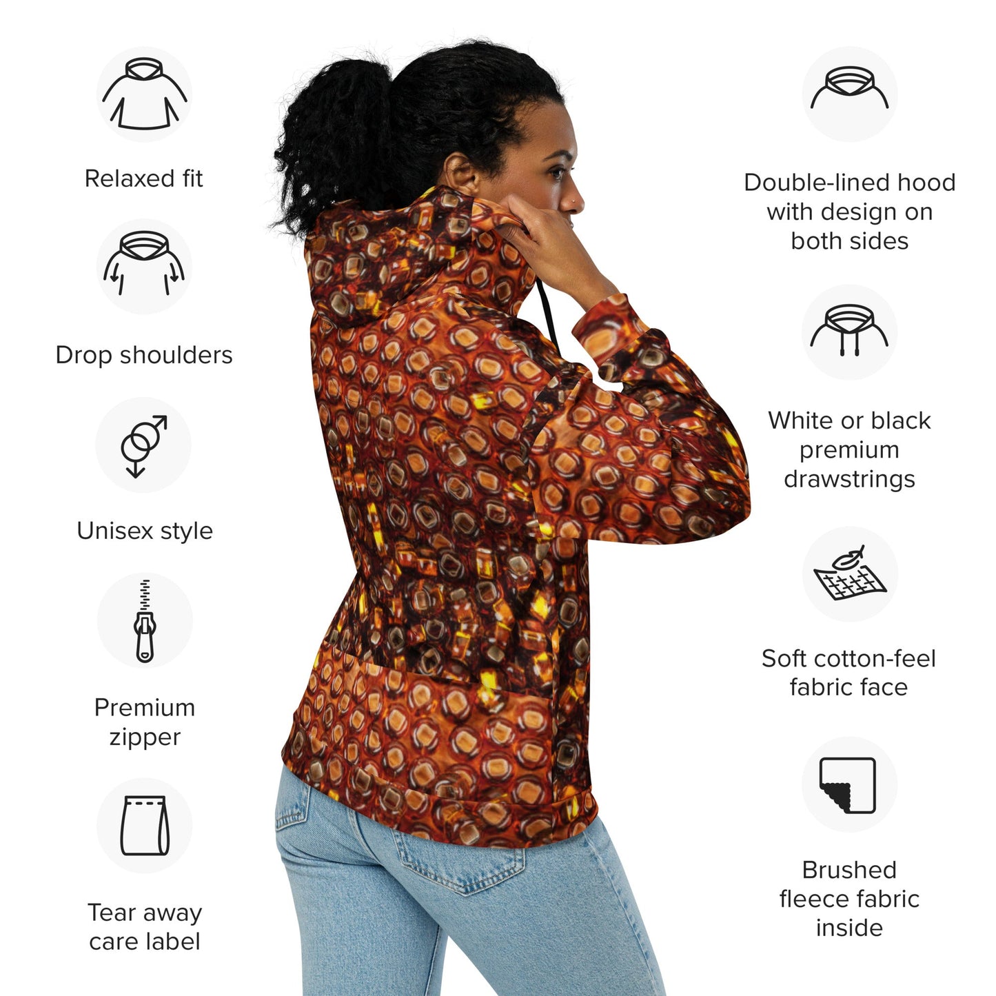 Unisex zip hoodie, Women's Brown Gold Jacket Rhinestone Print Hoodie, Zipper Sweatshirt, Streetwear - PratSN