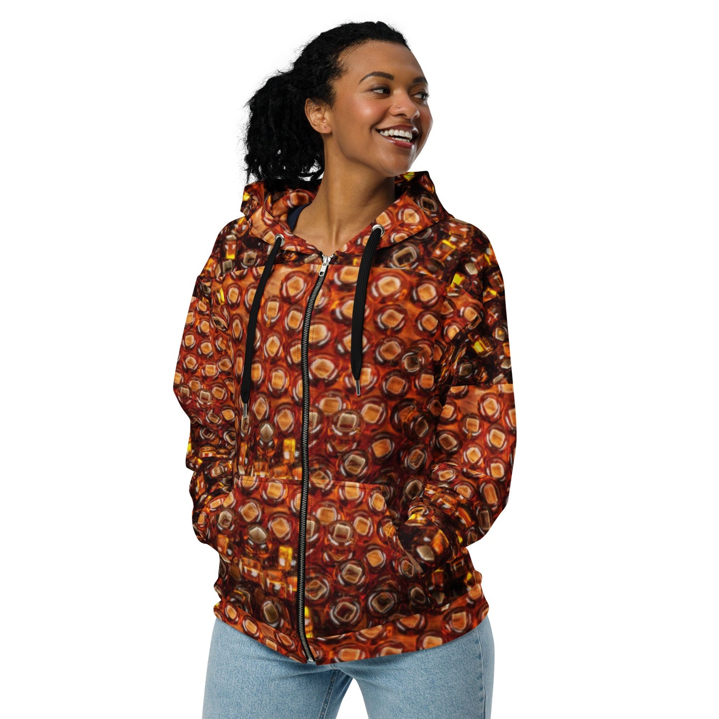 Unisex zip hoodie, Women's Brown Gold Jacket Rhinestone Print Hoodie, Zipper Sweatshirt, Streetwear - PratSN