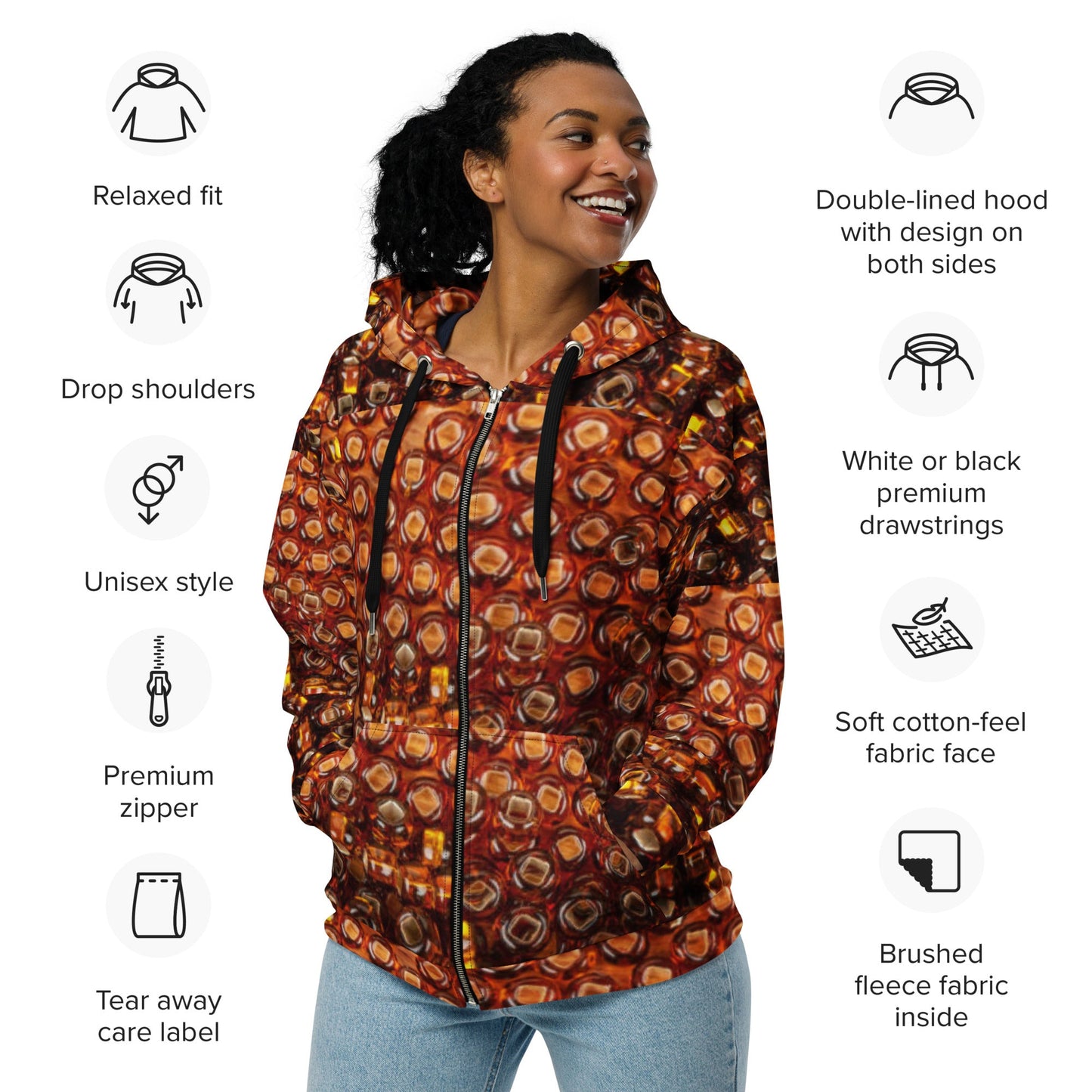 Unisex zip hoodie, Women's Brown Gold Jacket Rhinestone Print Hoodie, Zipper Sweatshirt, Streetwear - PratSN