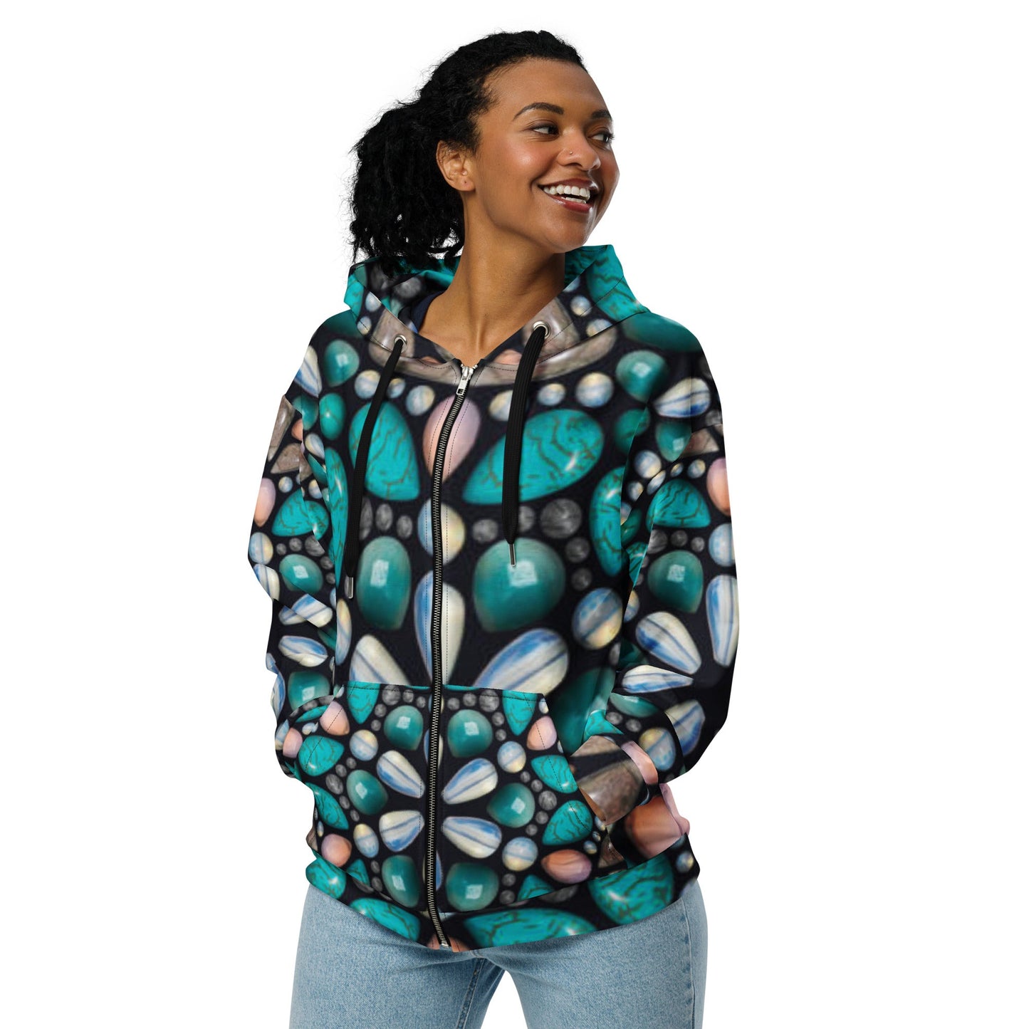 Unisex zip hoodie, Women's Eastern Blue Black Jacket, Zipper Sweatshirt, Floral hoodie, Streetwear - PratSN
