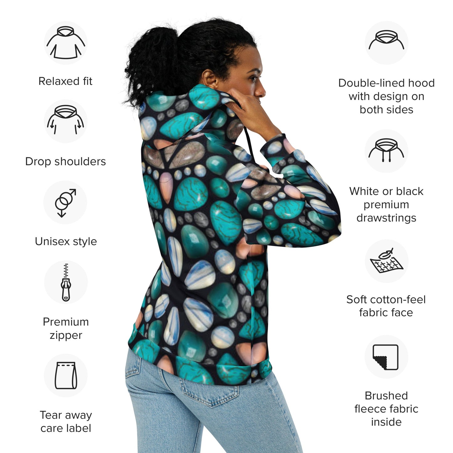 Unisex zip hoodie, Women's Eastern Blue Black Jacket, Zipper Sweatshirt, Floral hoodie, Streetwear - PratSN