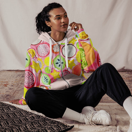 Unisex zip hoodie, Women's Fruit Pattern Green black Pink White Jacket, Streetwear Zipper Sweatshirt - PratSN