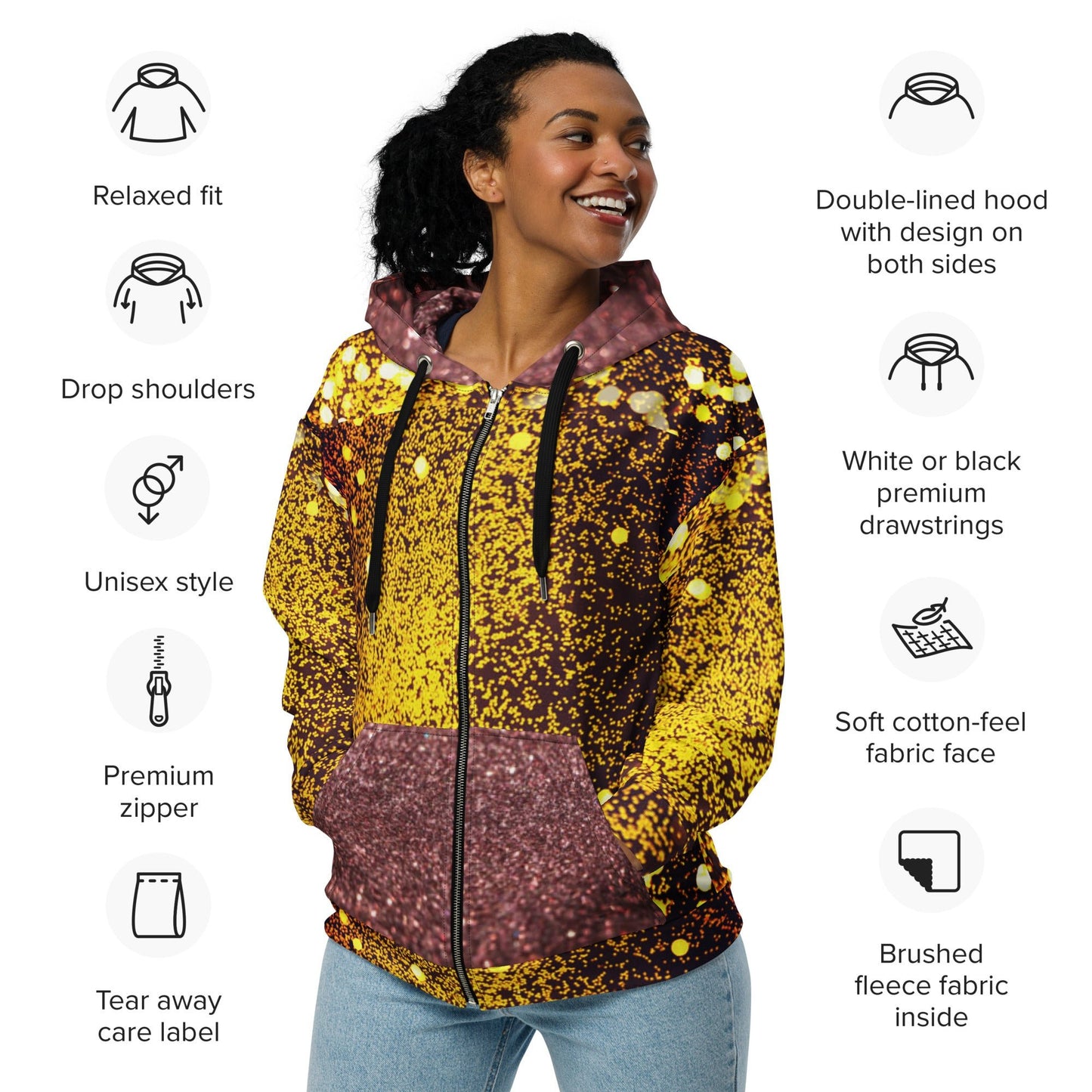 Unisex zip hoodie, Women's Gold yellow and brown Hoodie, Rhinestone Print Streetwear Festival Zipper Sweatshirt - PratSN