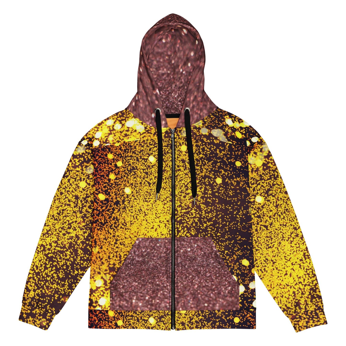 Unisex zip hoodie, Women's Gold yellow and brown Hoodie, Rhinestone Print Streetwear Festival Zipper Sweatshirt - PratSN