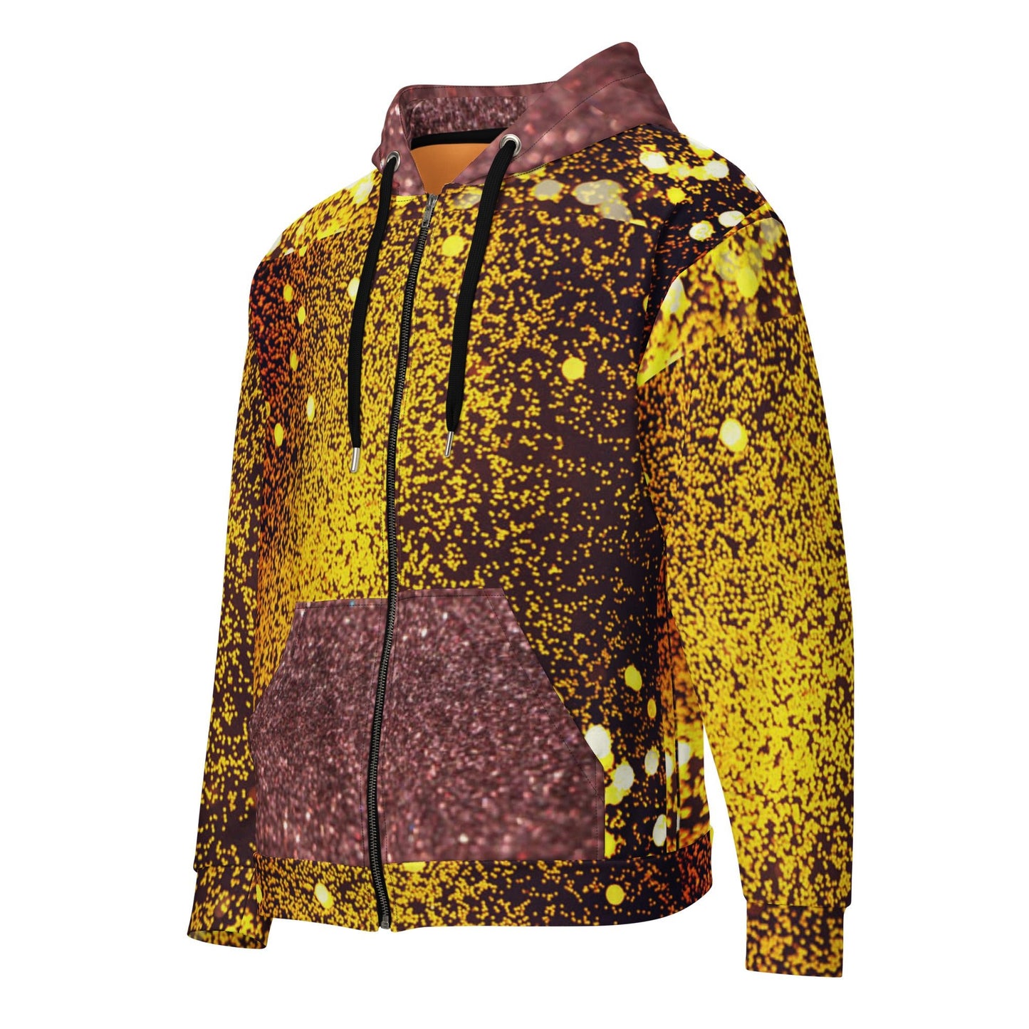 Unisex zip hoodie, Women's Gold yellow and brown Hoodie, Rhinestone Print Streetwear Festival Zipper Sweatshirt - PratSN