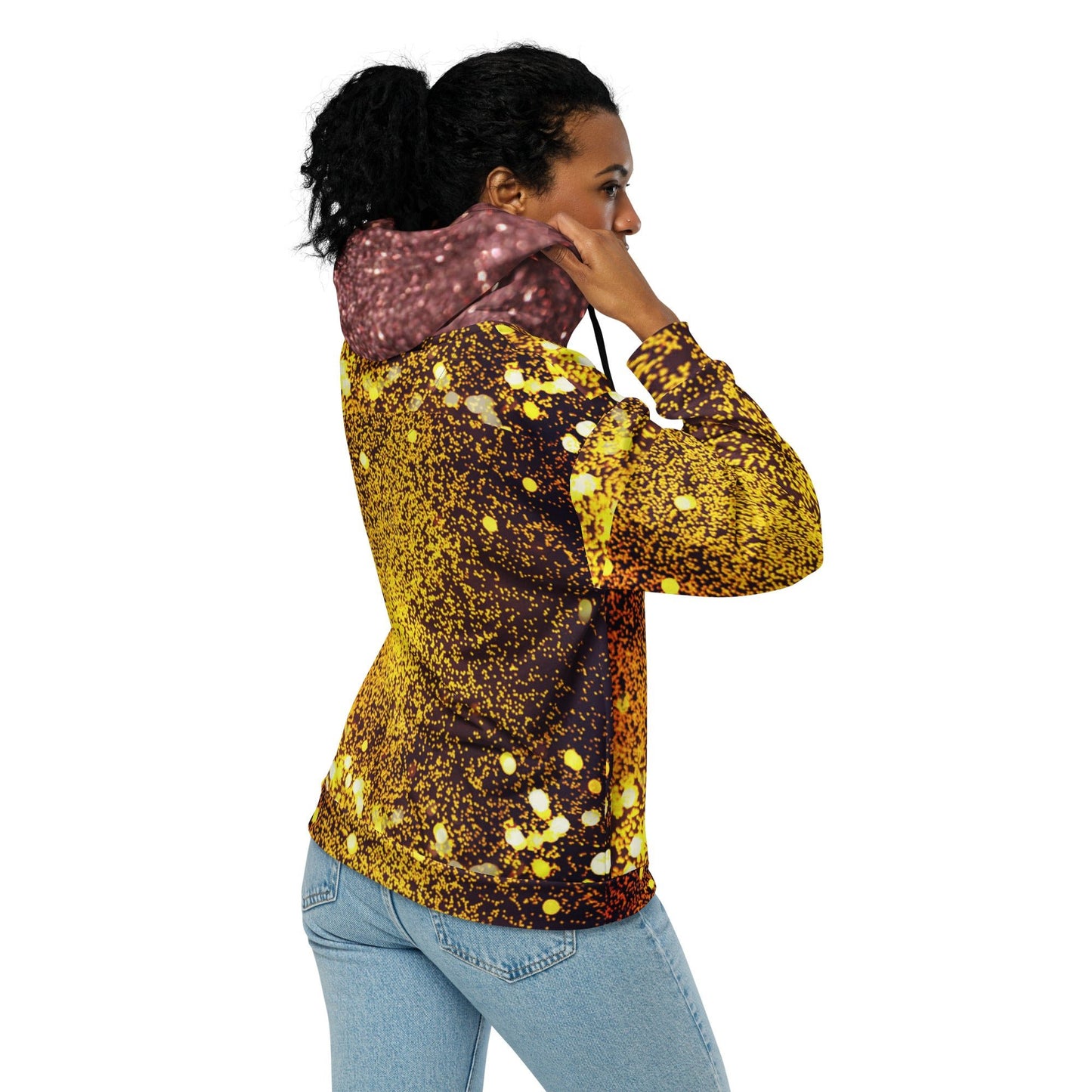 Unisex zip hoodie, Women's Gold yellow and brown Hoodie, Rhinestone Print Streetwear Festival Zipper Sweatshirt - PratSN