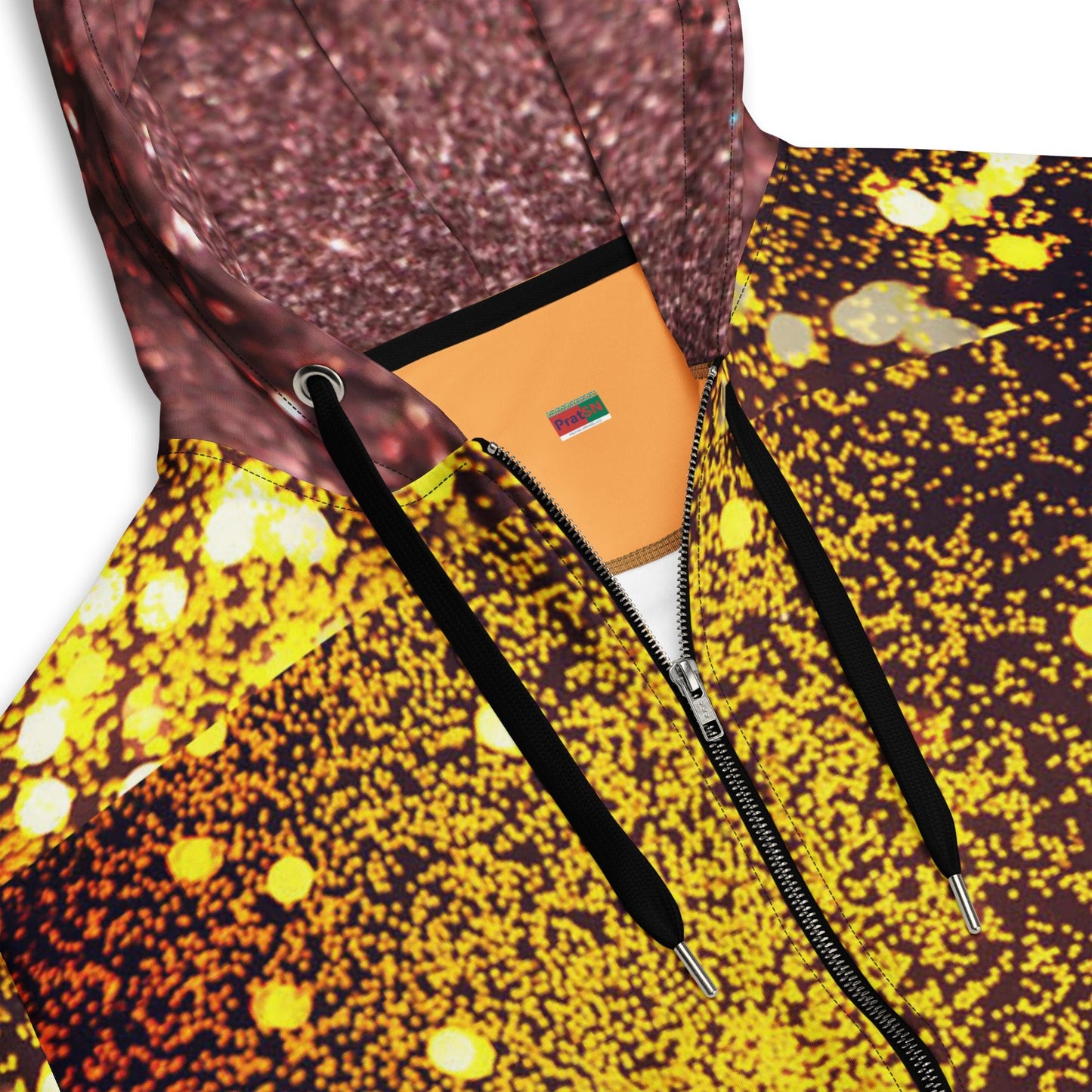 Unisex zip hoodie, Women's Gold yellow and brown Hoodie, Rhinestone Print Streetwear Festival Zipper Sweatshirt - PratSN