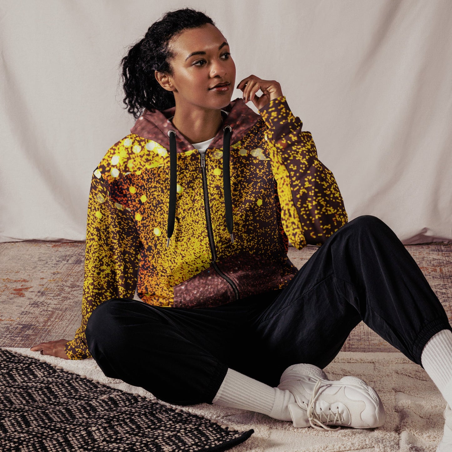 Unisex zip hoodie, Women's Gold yellow and brown Hoodie, Rhinestone Print Streetwear Festival Zipper Sweatshirt - PratSN